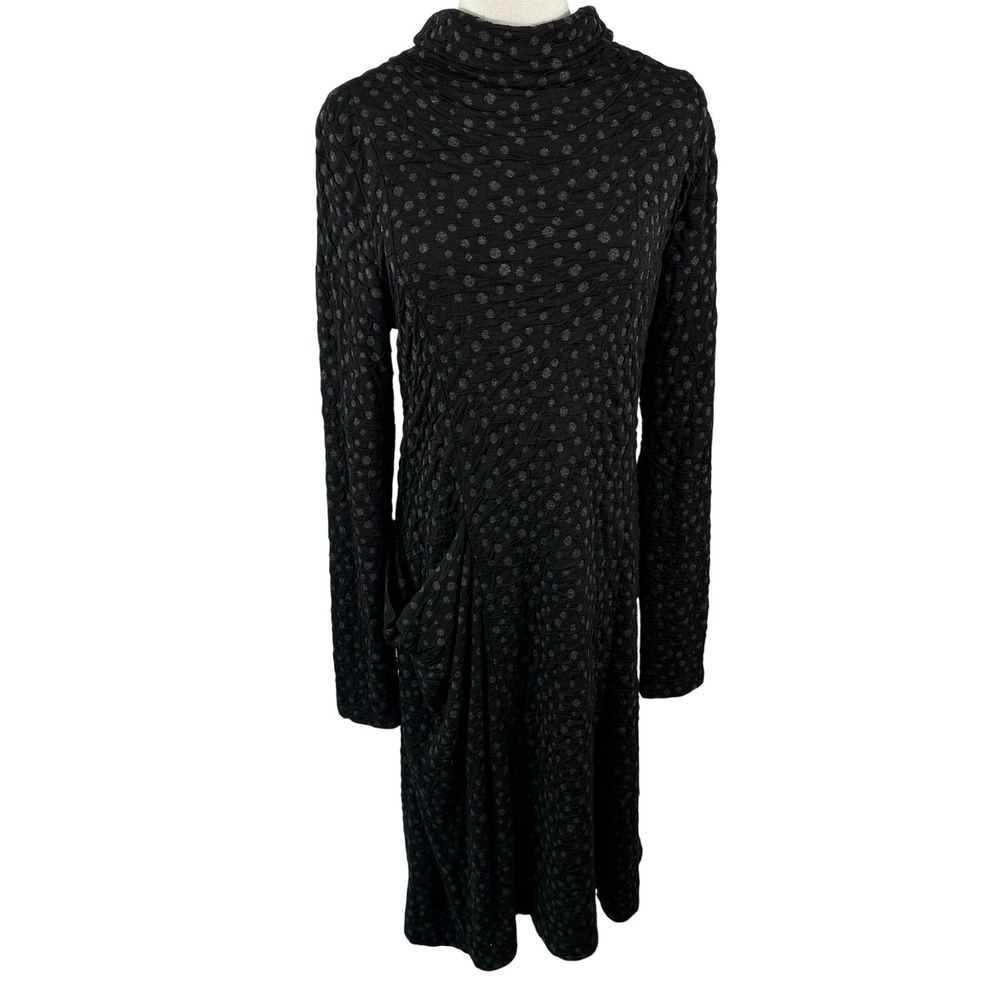 Lisa Bayne Artful Home Dress Womens M Black Polka Dot Lagenlook Mock Neck Pocket